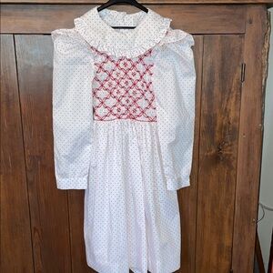White Smocked Polka Dot girls Long Sleeve Dress with Red Embroidery, size 8